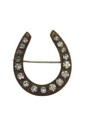 Antique Victorian Horseshoe Rhinestone Brooch Pin Brass Clear Rhinestones 1.5"